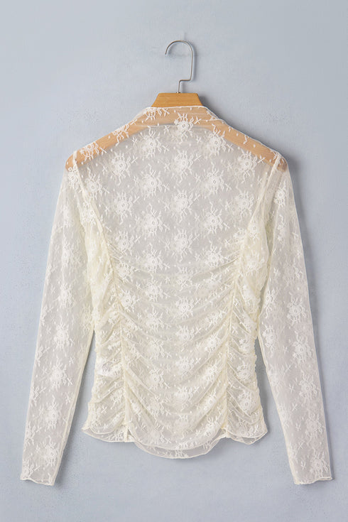 Sheer Mesh Floral Ruched Lace Long Sleeve Top