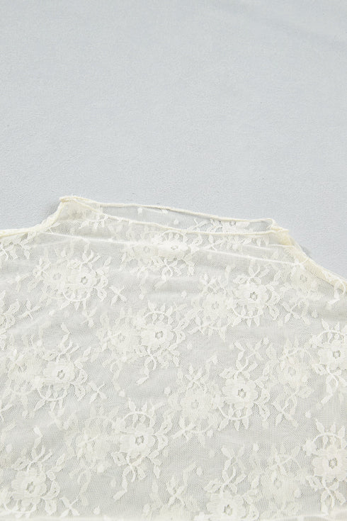 Sheer Mesh Floral Ruched Lace Long Sleeve Top