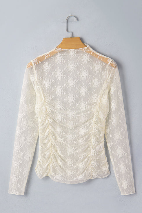 Sheer Mesh Floral Ruched Lace Long Sleeve Top