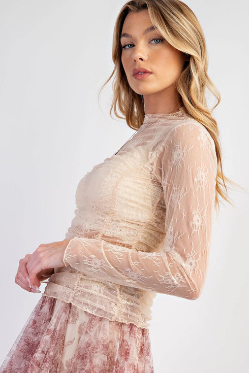 Sheer Mesh Floral Ruched Lace Long Sleeve Top