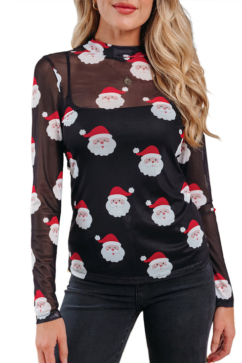 Sheer Mesh Graphic Print Fitted Long Sleeve Top