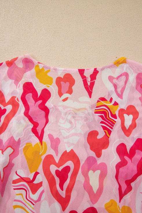 Sheer Mesh Heart Print Fitted Long Sleeve Top