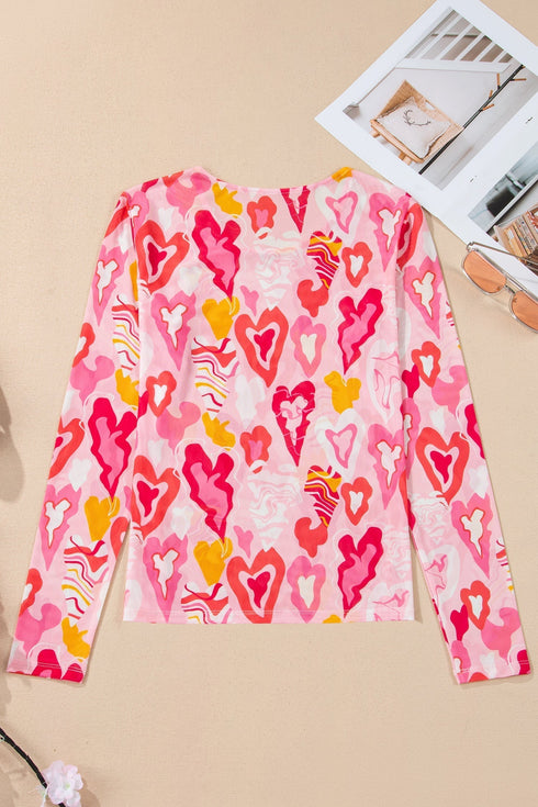 Sheer Mesh Heart Print Fitted Long Sleeve Top