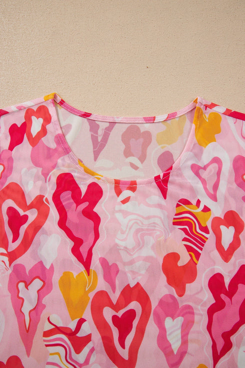 Sheer Mesh Heart Print Fitted Long Sleeve Top