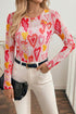 Sheer Mesh Heart Print Fitted Long Sleeve Top