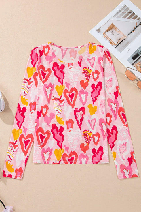 Sheer Mesh Heart Print Fitted Long Sleeve Top