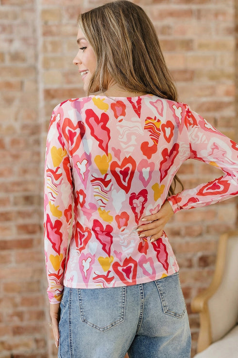 Sheer Mesh Heart Print Fitted Long Sleeve Top