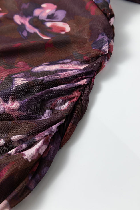 Sheer Mesh High Neck Ruched Floral Print Fitted Top