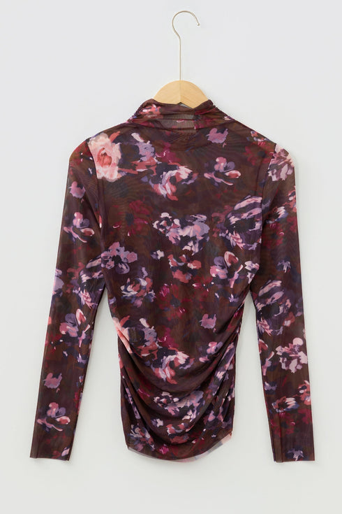 Sheer Mesh High Neck Ruched Floral Print Fitted Top