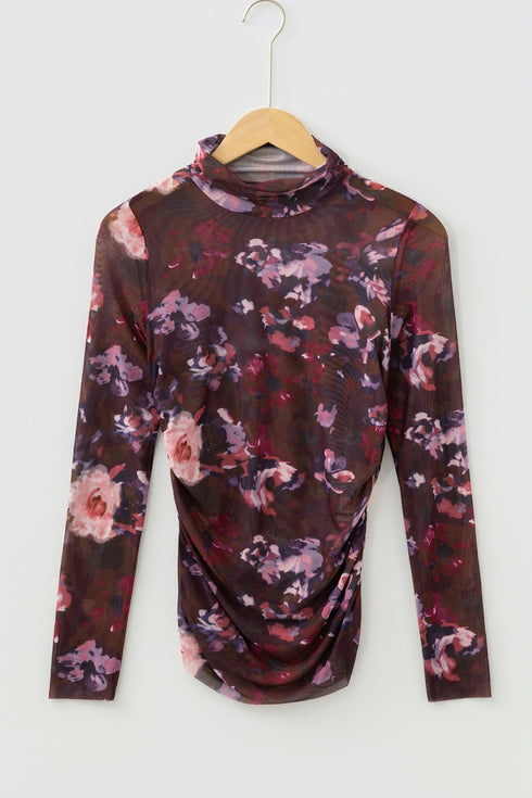 Sheer Mesh High Neck Ruched Floral Print Fitted Top