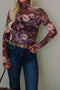 Sheer Mesh High Neck Ruched Floral Print Fitted Top