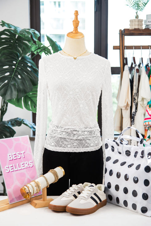 Sheer Mesh Lace Feminine Detail Long Sleeve Top