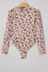 Sheer Mesh Leopard Print Mock Neck Long Sleeve Bodysuit
