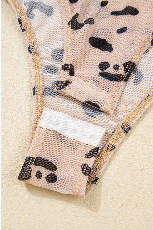 Sheer Mesh Leopard Print Mock Neck Long Sleeve Bodysuit