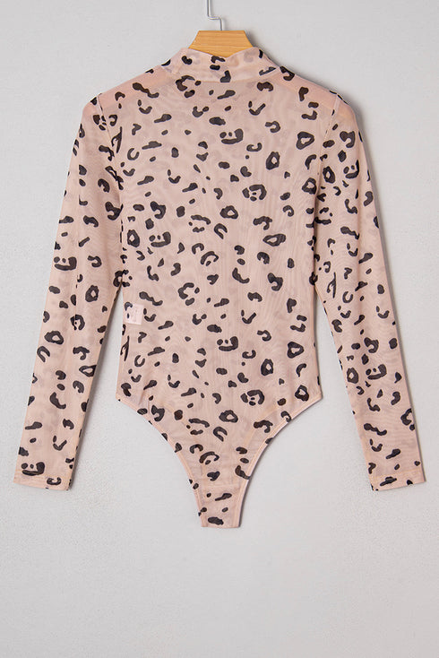 Sheer Mesh Leopard Print Mock Neck Long Sleeve Bodysuit