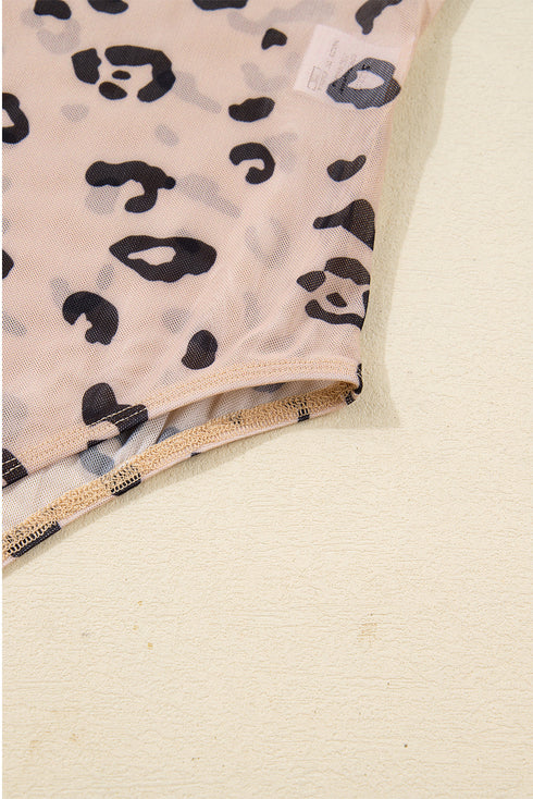 Sheer Mesh Leopard Print Mock Neck Long Sleeve Bodysuit