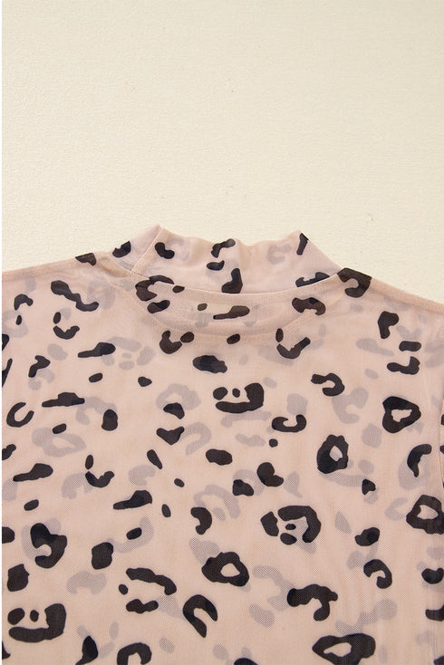 Sheer Mesh Leopard Print Mock Neck Long Sleeve Bodysuit