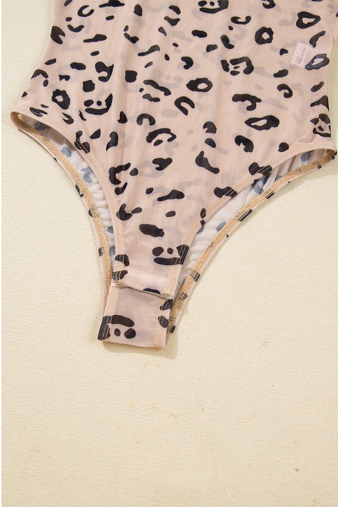 Sheer Mesh Leopard Print Mock Neck Long Sleeve Bodysuit