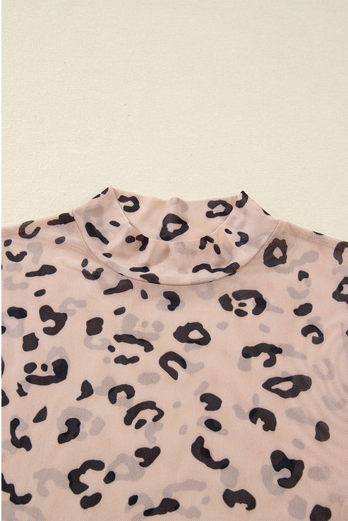Sheer Mesh Leopard Print Mock Neck Long Sleeve Bodysuit