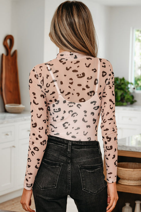 Sheer Mesh Leopard Print Mock Neck Long Sleeve Bodysuit