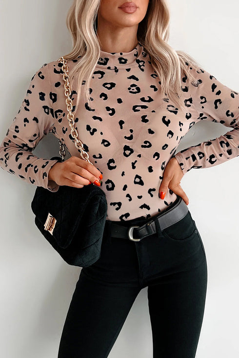 Sheer Mesh Leopard Print Mock Neck Long Sleeve Bodysuit
