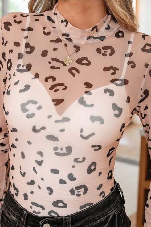 Sheer Mesh Leopard Print Mock Neck Long Sleeve Bodysuit