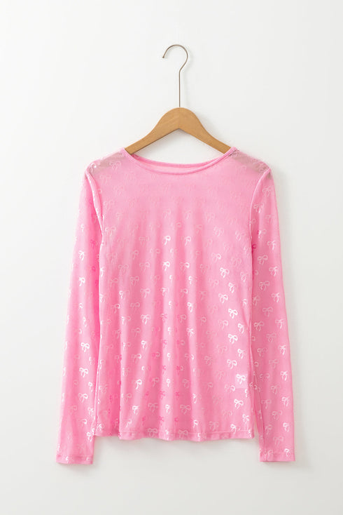 Sheer Mesh Long Sleeve Bow Pattern Top