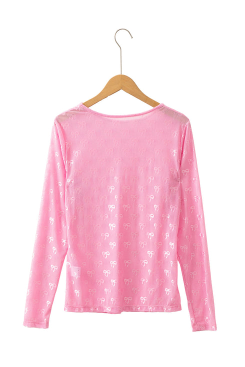 Sheer Mesh Long Sleeve Bow Pattern Top