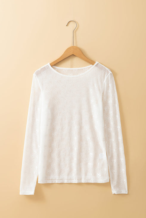 Sheer Mesh Long Sleeve Bow Pattern Top