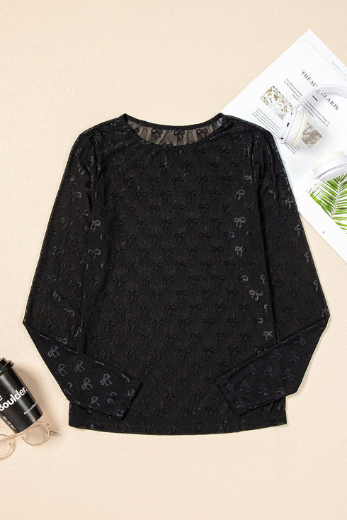 Sheer Mesh Long Sleeve Bow Pattern Top
