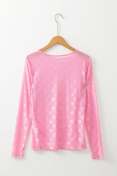 Sheer Mesh Long Sleeve Bow Pattern Top