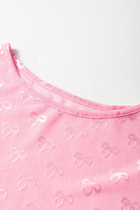 Sheer Mesh Long Sleeve Bow Pattern Top