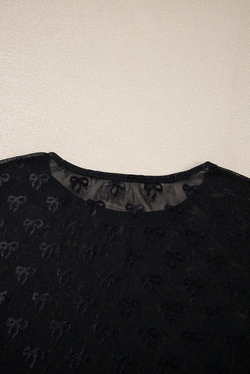 Sheer Mesh Long Sleeve Bow Pattern Top