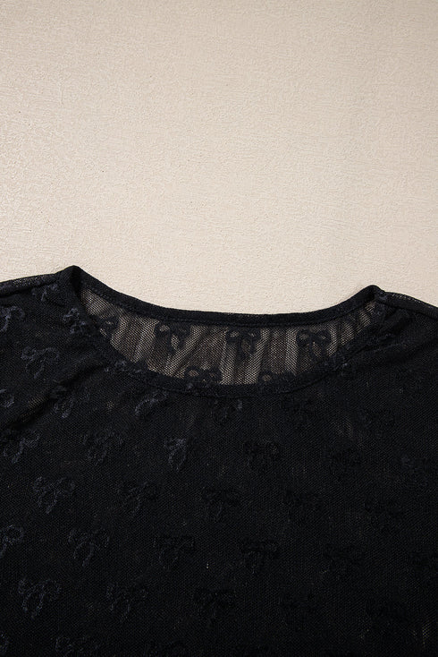 Sheer Mesh Long Sleeve Bow Pattern Top
