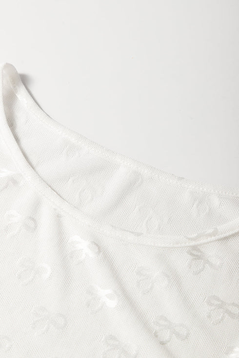 Sheer Mesh Long Sleeve Bow Pattern Top