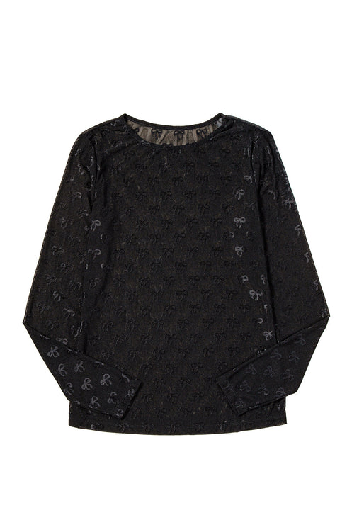Sheer Mesh Long Sleeve Bow Pattern Top