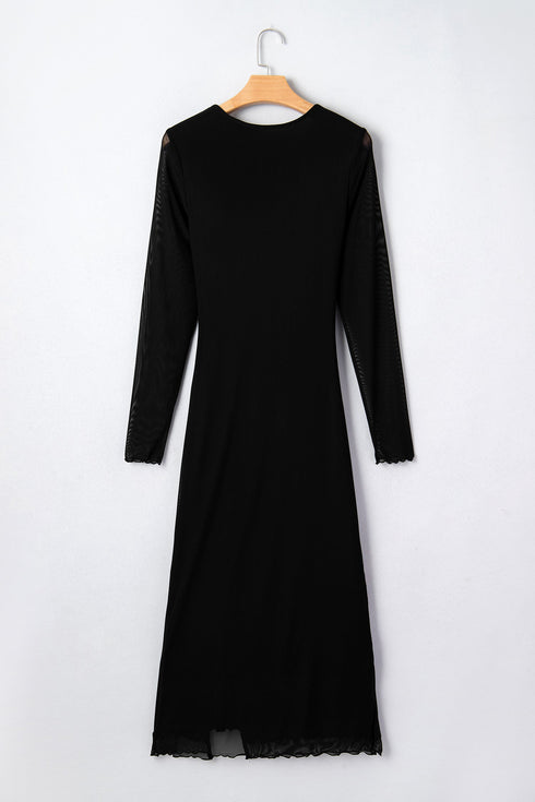 Sheer Mesh Long Sleeve Twisted Knot Bodycon Midi Dress