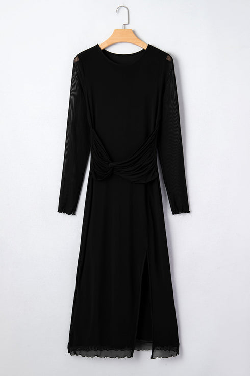 Sheer Mesh Long Sleeve Twisted Knot Bodycon Midi Dress