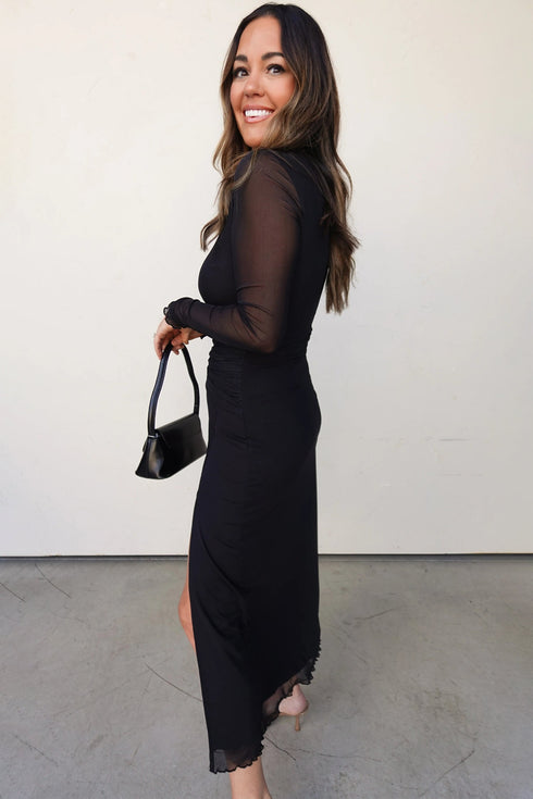 Sheer Mesh Long Sleeve Twisted Knot Bodycon Midi Dress