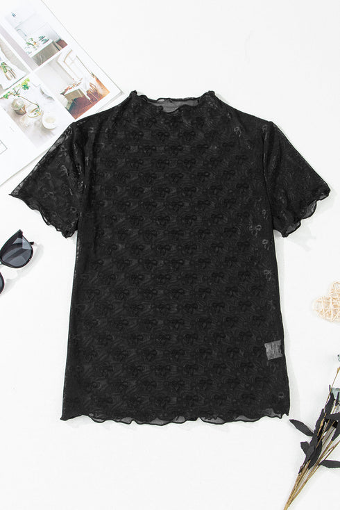 Sheer Mesh Mock Neck Bow Detail Top