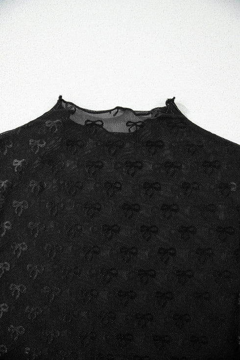 Sheer Mesh Mock Neck Bow Detail Top