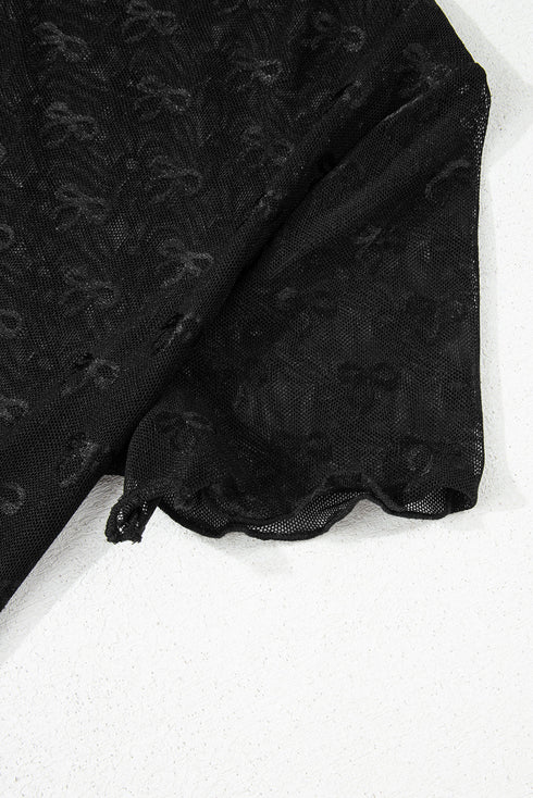 Sheer Mesh Mock Neck Bow Detail Top