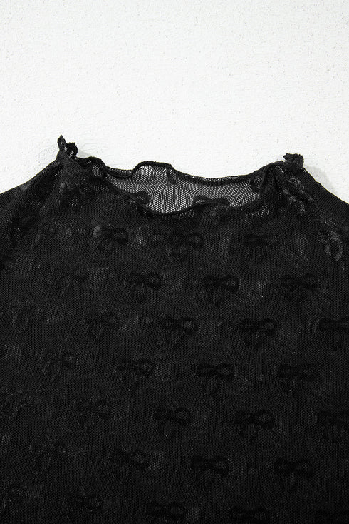 Sheer Mesh Mock Neck Bow Detail Top