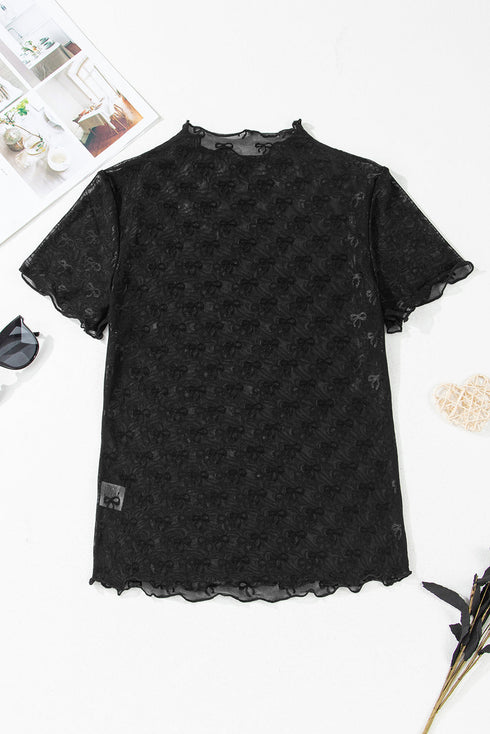 Sheer Mesh Mock Neck Bow Detail Top
