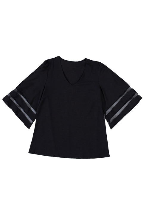 Sheer Mesh Panel Bell Sleeve V Neck Blouse