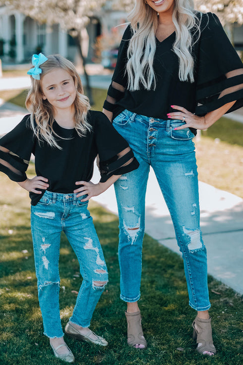 Sheer Mesh Panel Bell Sleeve V Neck Blouse