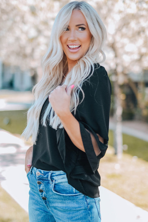 Sheer Mesh Panel Bell Sleeve V Neck Blouse