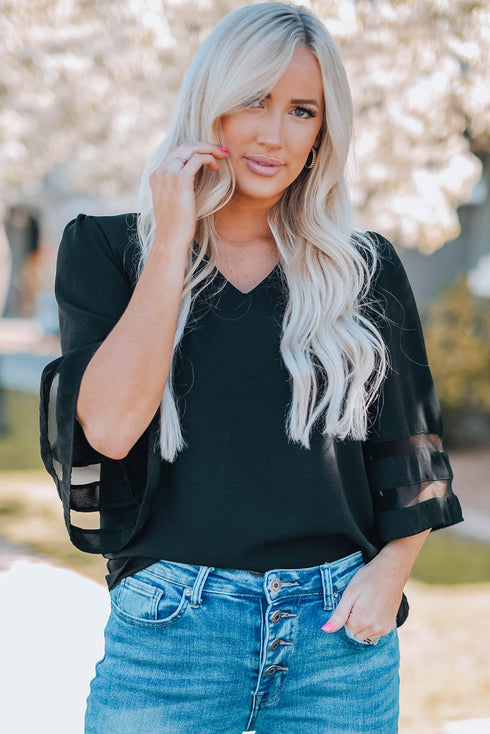 Sheer Mesh Panel Bell Sleeve V Neck Blouse