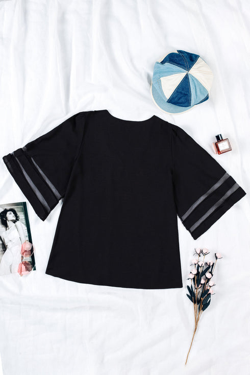 Sheer Mesh Panel Bell Sleeve V Neck Blouse