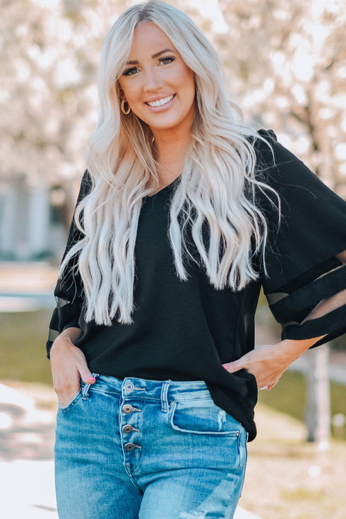 Sheer Mesh Panel Bell Sleeve V Neck Blouse